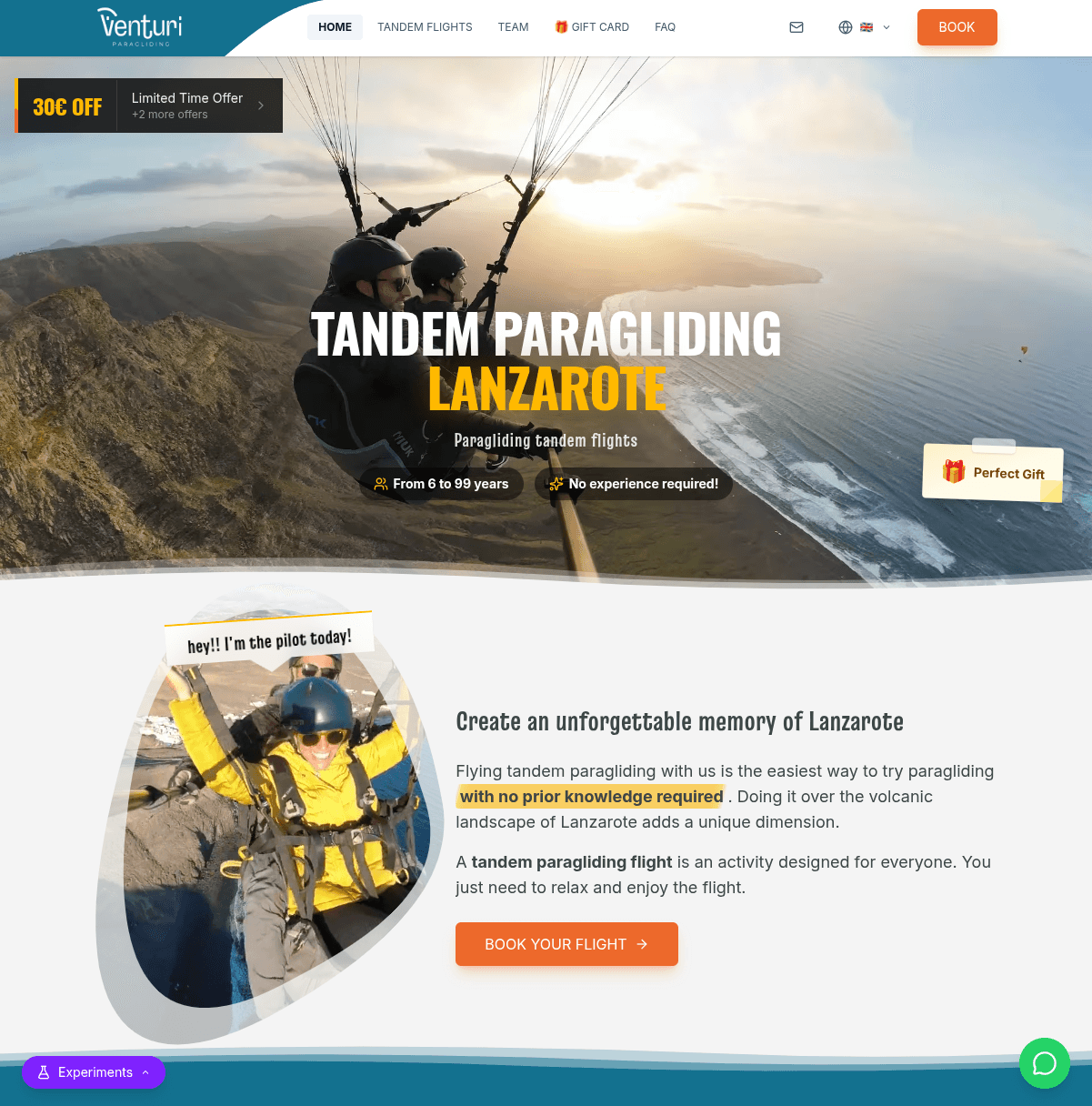 Public-facing homepage with experience showcase, booking CTA, and customer testimonials