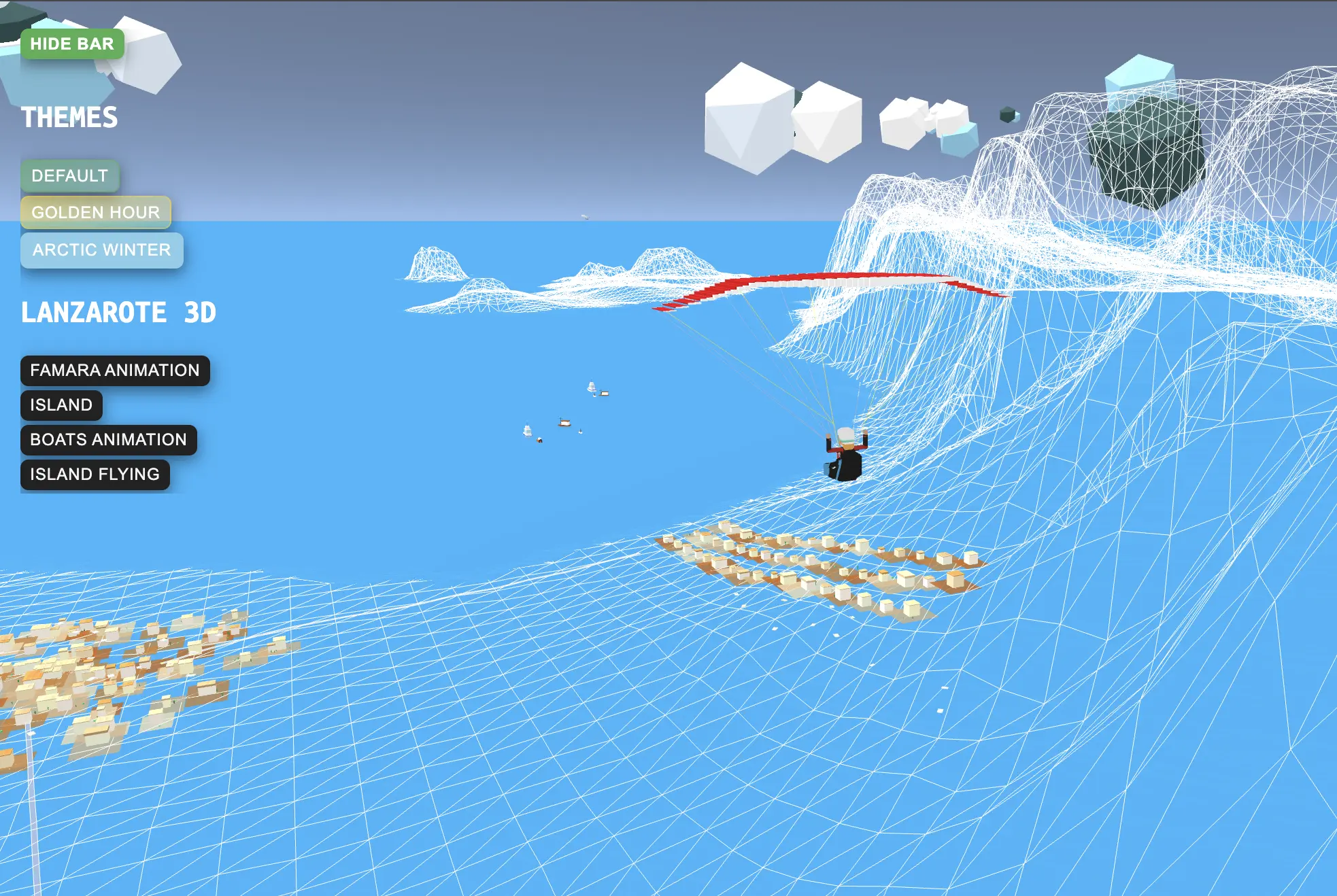 Lanzarote 3D terrain visualization with paragliders, boats, planes and clouds