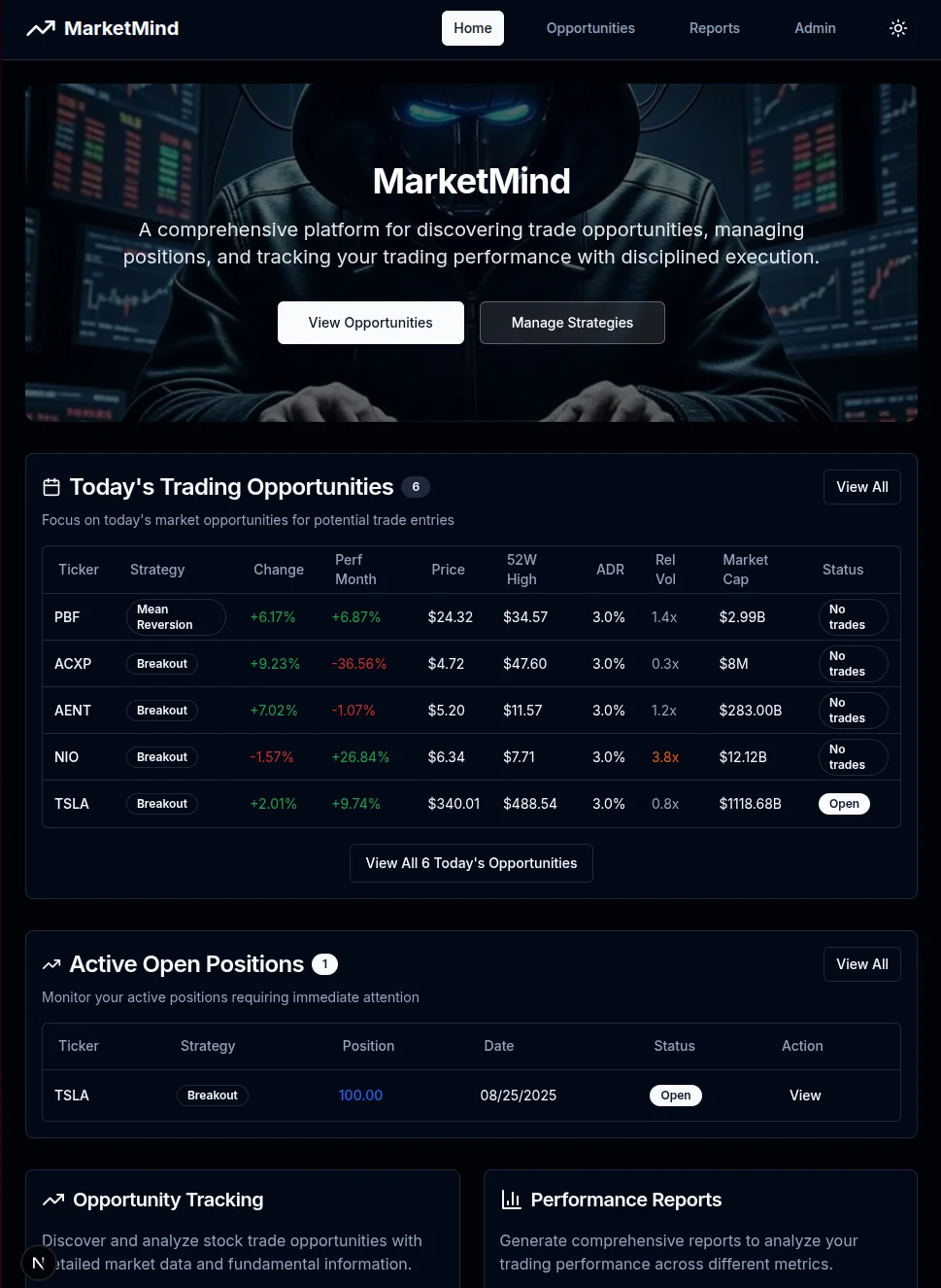 MarketMind trading dashboard showing positions and portfolio overview