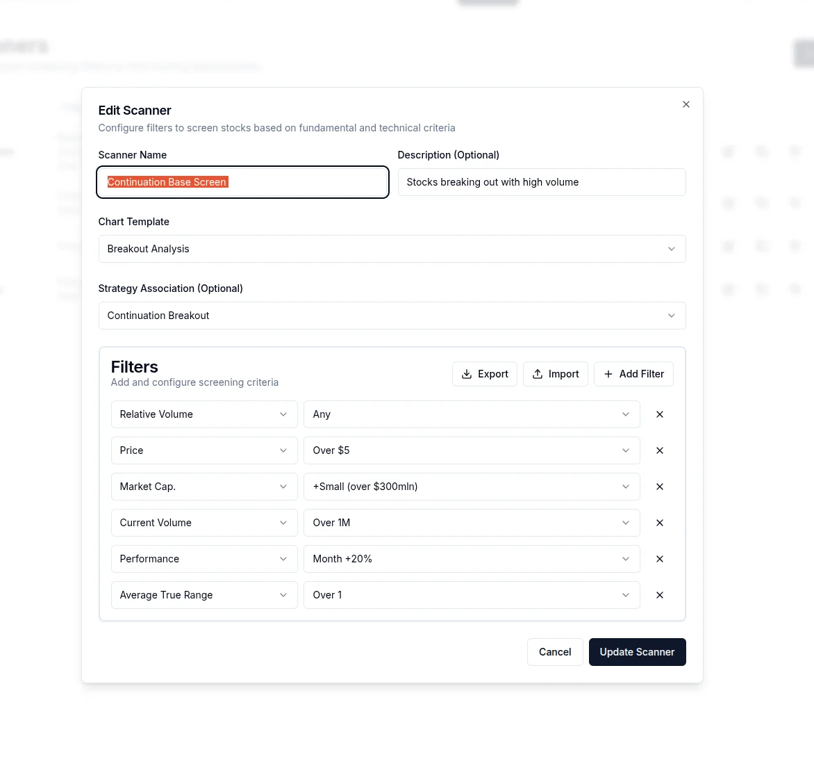 MarketMind stock scanner editor with custom criteria configuration